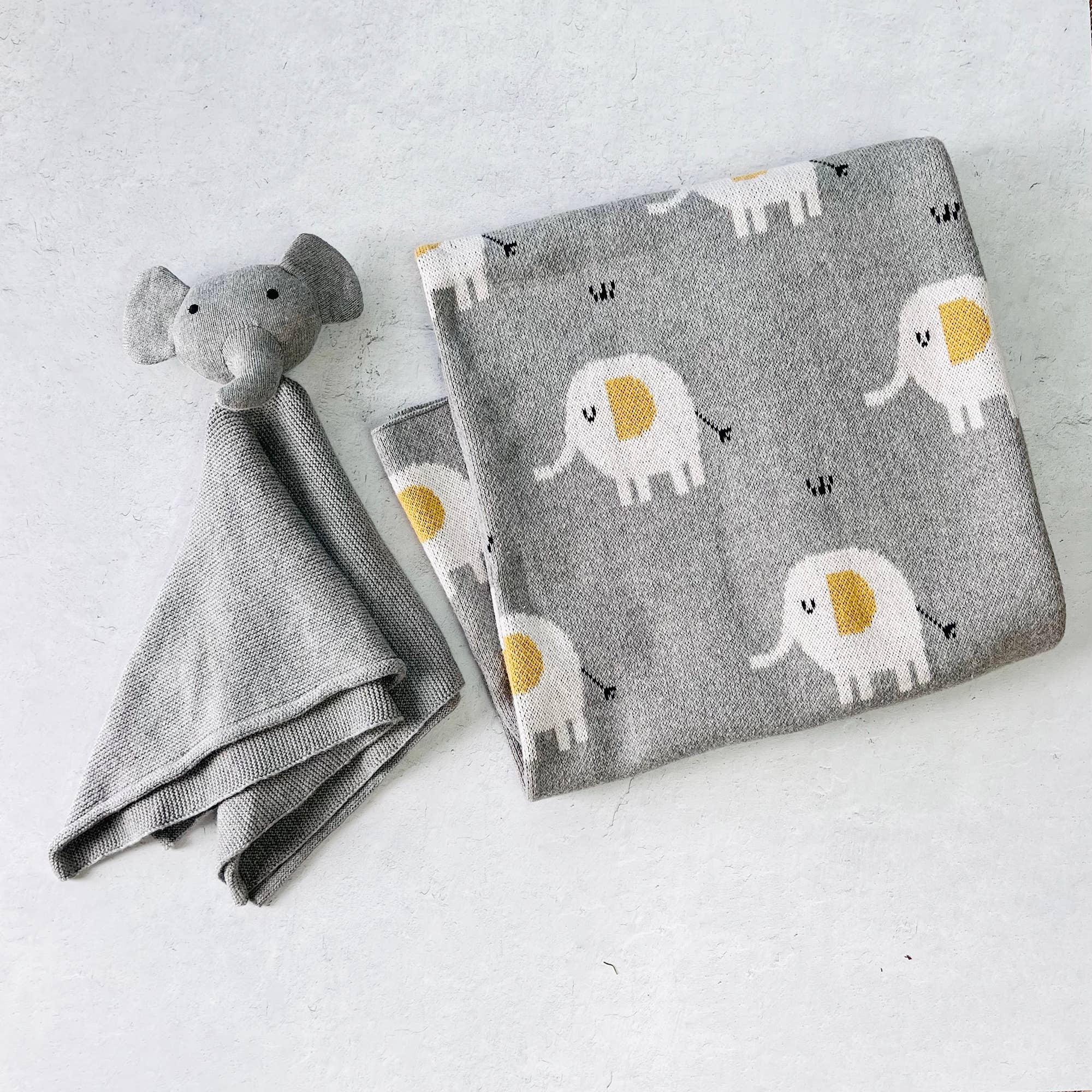 Ultra Soft Natural Jacquard Knit Elephant Baby Blanket & Lovey Gift Set