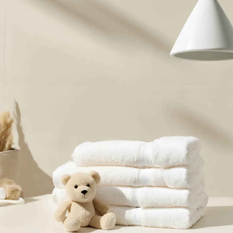 A cuddly beige teddy bear sitting in front of neatly stacked bath towels arranged on a beige stone bath counter. 