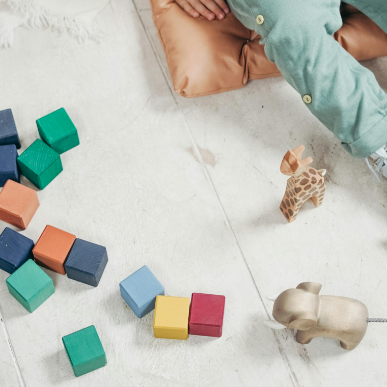 A variety of kid's toys. Colouful toy blocks, a miniature toy elephant, and a miniature toy giraffe. 